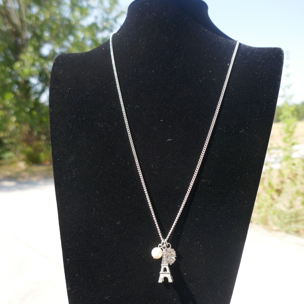 Silvertone Paris Eiffel Tower Necklace Charm Pendant 24 inches long